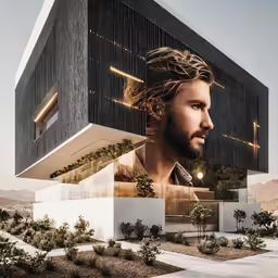 a man is staring out into the distance at sunset while in front of a building with many plants