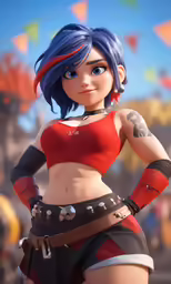 a 3d character with blue hair wearing a red top and shorts