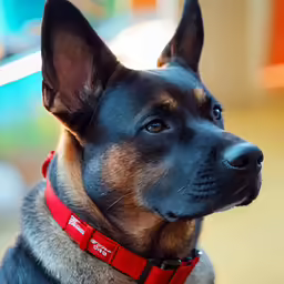 a brown and black dog looking to its right with red collar