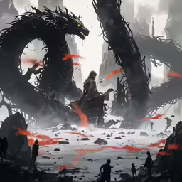 some people standing in front of some huge demonic looking monsters