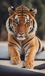 a tiger sitting on the side of a vehicle