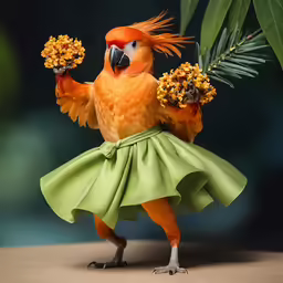 a bird with green and yellow feathers in a green dress and flowers