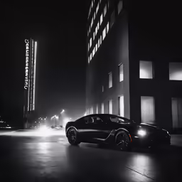 a black car parked near tall buildings in a city