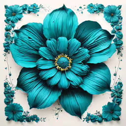 a blue flower sitting on top of a white wall,a blue flower with leaves in the middle of it