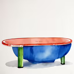 a blue and red bowl sitting in the sand