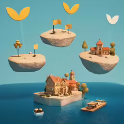 a floating island with houses and boats on it