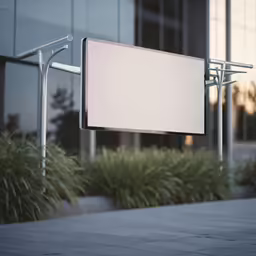 an empty billboard on the street corner with plants and a building in the background