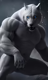 a rendering of a white panther with blue eyes