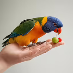 a blue, yellow and green bird sitting on top of someones hand
