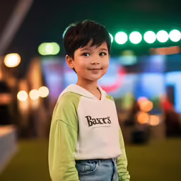the little boy has black hair on his head and wears a sweatshirt