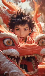 a young woman wearing a red dragon costume