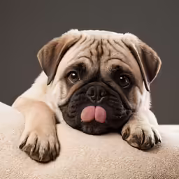 a cute little pug sticking his tongue out laying on a cushion