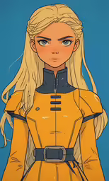 a blonde haired woman in an orange outfit
