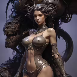 a female in metallic clothing with monster like hair and a nose