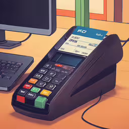a digital fax machine sits next to a computer keyboard,a cash register and a computer on a desk
