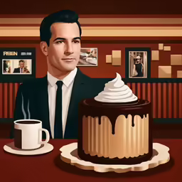the painting depicts a man looking at a cake on a plate