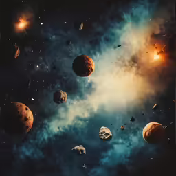 a group of different sized planets flying in the sky
