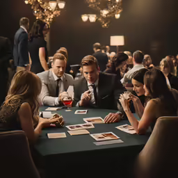 people sitting at a table at a restaurant playing cards and wine