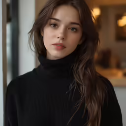 a young woman wearing a black turtleneck sweater