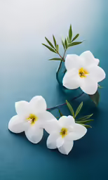 four flowers and green leaves on blue background