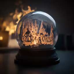 a snow globe has glow from inside it and is glowing