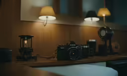 an empty wooden shelf is filled with camera equipment