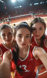 a group of girls in red uniforms posing for the camera