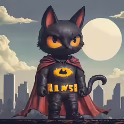a cartoon black cat wearing batman clothes and a red cape