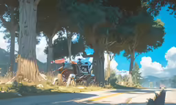 a motorcycle is driving down the street with trees in the background