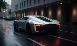 an electric sports car on a city street at night