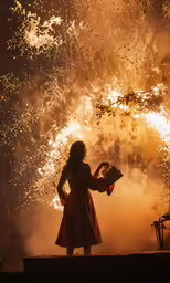 the young girl is standing with her hands in her pockets as fireworks light up the night sky