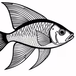 black and white outline of a fish, side view,a fish that is black and white,a fish that is black and white in color,black and white ink painting of a fish,a black and white fish on a white background