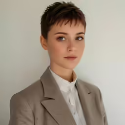 a woman in a jacket is standing near a white wall
