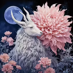 a goat with horns next to a flower