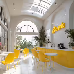 a modern restaurant with bright yellow tables and yellow chairs