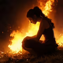 a woman kneeling down next to fire