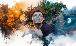 a man with long hair standing in front of an explosion