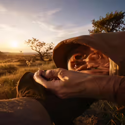 a person is looking into the distance as if to grab something out of his hand