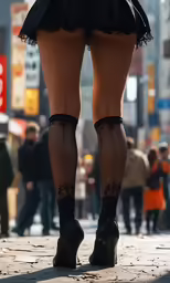 a woman wearing knee high stockings and thigh high socks
