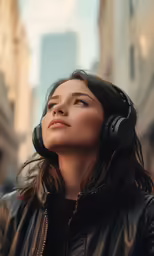 a woman wearing headphones in the city