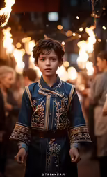 a young boy dressed in a blue robe and lighting in the background