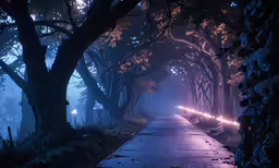 a path at night is lit by bright lights