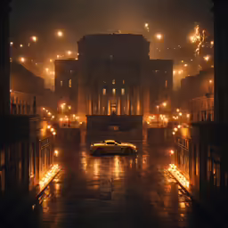 a car is shown in the street at night