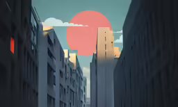 a painting with tall buildings and a red sun