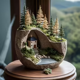 a fake fake house made of rocks and moss