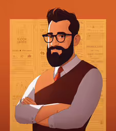 a man in glasses with his arms crossed,a portrait of a man wearing glasses and a vest, with his arms crossed, and arms folded