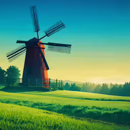 windmill in the middle of a green field,a painting of a large windmill in the distance