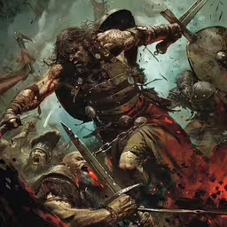 a bunch of men are fighting in an illustration,an illustration of a man with a knife