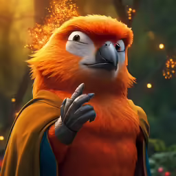 a cartoon character dressed in orange and blue holding a red bird