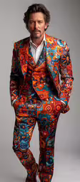 a man dressed in colorful suit is posed,a man in an ornate suit is photographed against a gray background